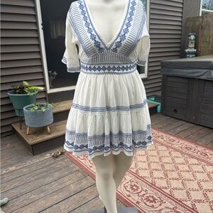 NWOT Lulu's White and Blue Embroidered Mini Dress